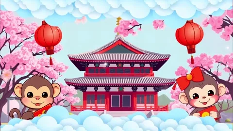 Chinese temple cherry blossom monkey new year animation scene Stock Footage 297727481