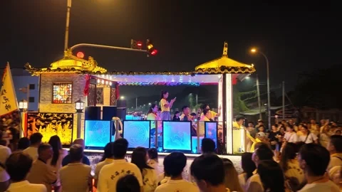 Chinese Temple Float Procession at Night During Nine Emperor Gods Festival Stock Footage 347899959