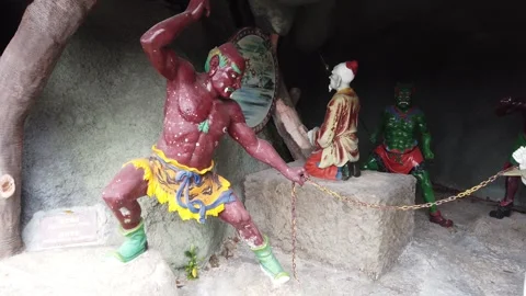 Chinese Temple Hell Punishment Statues Depicting Afterlife Judgment Stock Footage 333919566