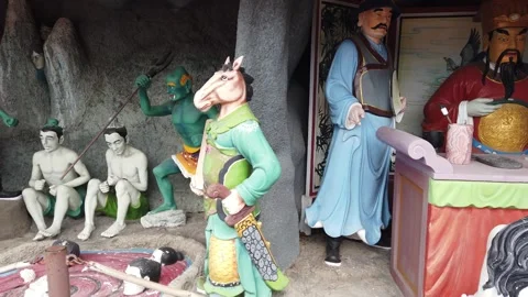 Chinese Temple Hell Punishment Statues Depicting Afterlife Judgment Stock Footage 333919567