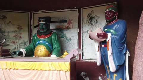 Chinese Temple Hell Punishment Statues Depicting Afterlife Judgment Stock Footage 333919575