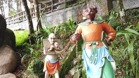 Chinese Temple Hell Punishment Statues Depicting Afterlife Judgment Stock Footage 333919583