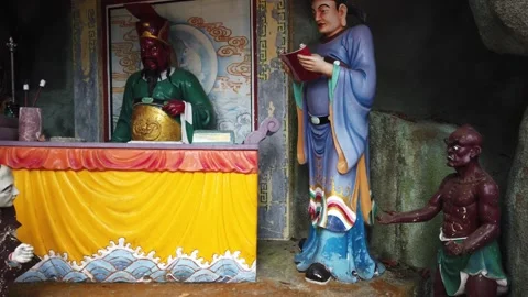 Chinese Temple Hell Punishment Statues Depicting Afterlife Judgment Stock Footage 333919594