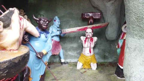 Chinese Temple Hell Punishment Statues Depicting Afterlife Judgment Stock Footage 333919596