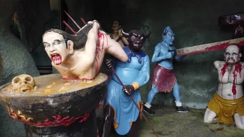 Chinese Temple Hell Punishment Statues Depicting Afterlife Judgment Stock Footage 333919600