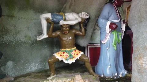 Chinese Temple Hell Punishment Statues Depicting Afterlife Judgment Stock Footage 333919653