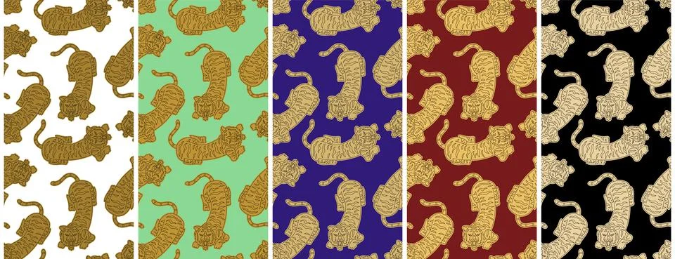 Chinese tiger seamless pattern set. Lunar 2022 New Year design template. Zodi 스톡 일러스트