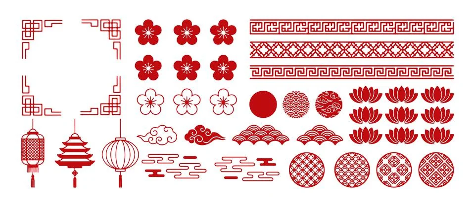 Chinese Traditional Elements Set with Lantern Flowers Clouds Patterned Borders 스톡 일러스트