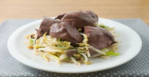 Chinese Traditional Food, Stir Fried Bean Sprout with Pig Blood Curd, Congeal Stock Photos