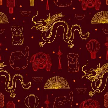 Chinese  vector seamless pattern.  Hand drawn sketch illustration Stock Illustration