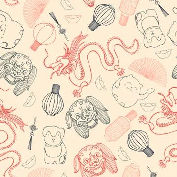 Chinese  vector seamless pattern.  Hand drawn sketch illustration Stock Illustration