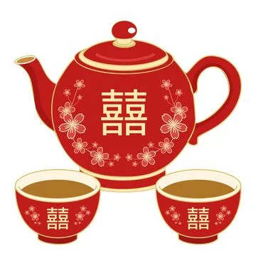 Chinese wedding tea set vector in flat style, isolated イラスト素材
