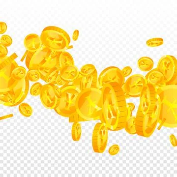 Chinese yuan coins falling. Ecstatic scattered CNY coins. China money. Fetching Stock Illustration