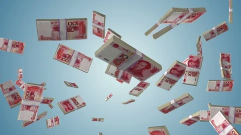 Chinese Yuan currency stack flying in slow motion against blue gradient Stock-Footage 116254883