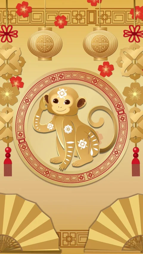 Chinese Zodiac Monkey Vertical Background with Traditional Gold Ornaments Stock Footage 330036497