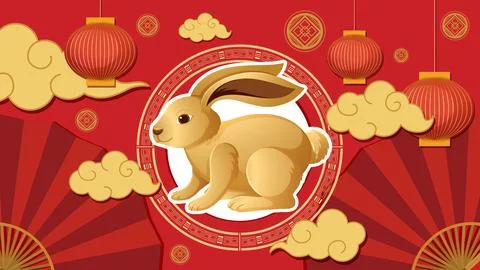 Chinese Zodiac Year of the Rabbit Vector Illustration with Red Background Stock Illustration