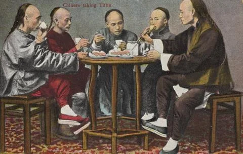 Chinesen beim Tiffin-Essen, eine leichte Teemahlzeit gegen 15 Uhr, 1909, K... Stock Photos