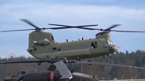 Chinook helicopter hovering during traffic pattern training flight  Video stock 83544457
