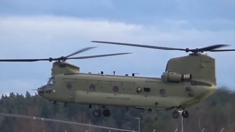 Chinook helicopter practising maneuvers during Traffic pattern training Video stock 83544352