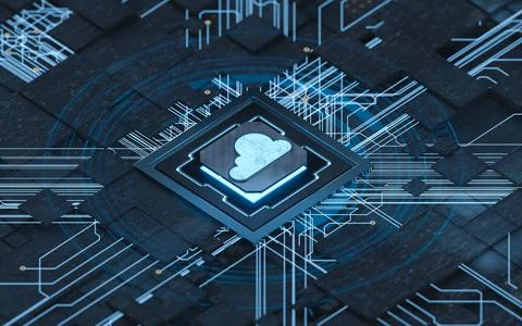 Chip and cloud computing, subject of science and technology, 3d rendering. 스톡 일러스트