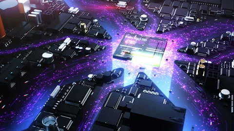 Chip in the center of the city in the style of computer components with the e Stock Footage 223159279