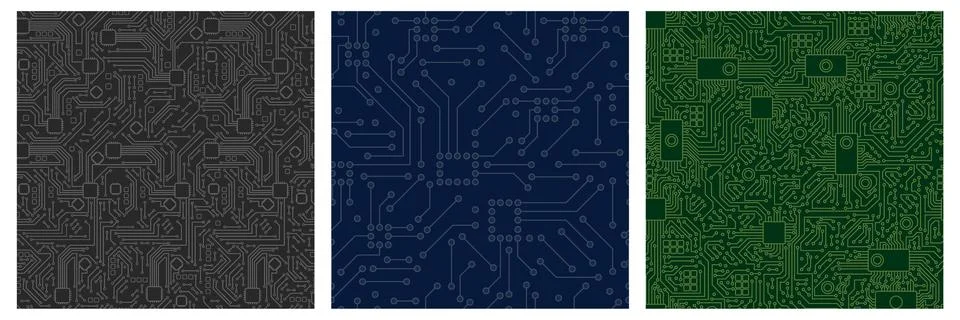 Chip computer board pattern set. Motherboard modern with seamless pattern green 스톡 일러스트