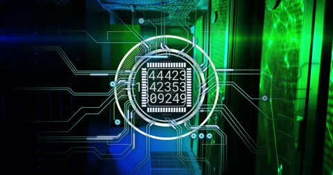 Chip HUD advancing progress, starting numeric streams and lighting circuit nodes Stock Footage 332275758