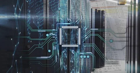Chip icon appearing, central rack circuitry expanding and pulsing, showing live Stock Footage 334114267
