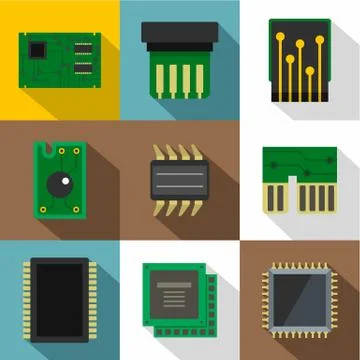 Chip icons set, flat style 스톡 일러스트