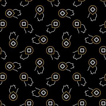 Chip inside Speech Bubble with Head vector dark line seamless pattern Stock Illustration