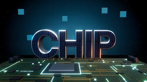 CHIP Microchip 3D Text with Microchips on a Circuit Board Stock Illustration