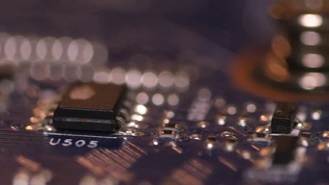 Chip processor computer circuit board electronic macro 4k Stock Footage 70653199