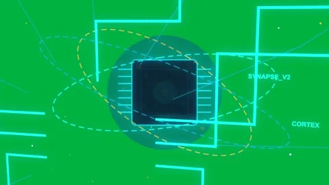 Chip scanning as yellow orb starts orbiting, network growing to show neural data Stock Footage 329531835