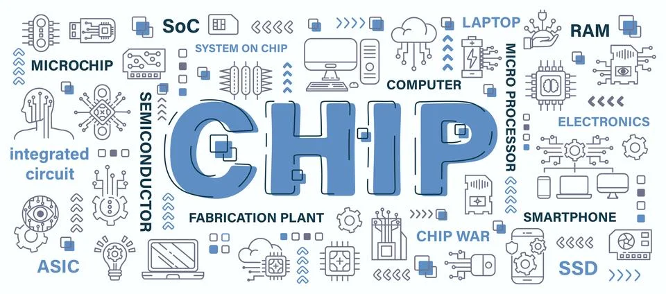 Chip . Semiconductor concept . Word with line icon art banner style . Edita.. イラスト素材