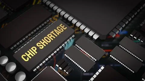 The  chip shortage text and ic and pcb board 3d rendering Illustrazione stock