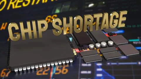 The  chip shortage text and ic and pcb board 3d rendering 스톡 일러스트