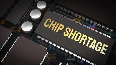The  chip shortage text and ic and pcb board 3d rendering 스톡 일러스트