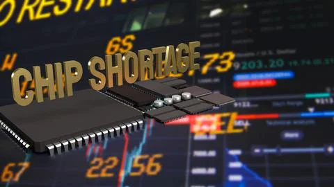 The  chip shortage text and ic and pcb board 3d rendering Illustrazione stock