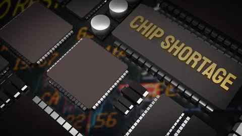 The  chip shortage text and ic and pcb board 3d rendering Stock Illustration