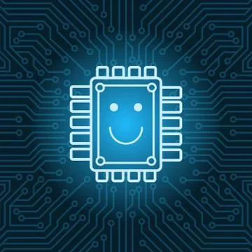 Chip With Smiling Face Icon Over Blue Circuit Motherboard Background Stock Illustration