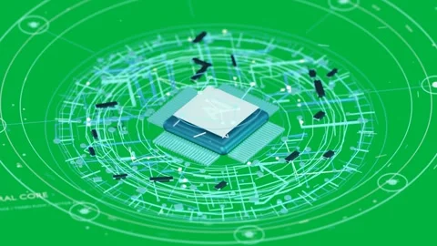 Chip starting via floating diamond forming HUD rings and drawing traces on Stock Footage 335780909