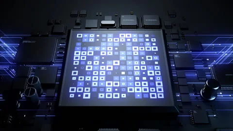 A chip on a surface with the effect of a computing process in close-up. Dynam Stock Footage 228850058