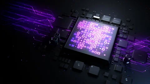 A chip on a surface with the effect of a computing process in close-up. Dynam Stock-Footage 228850059