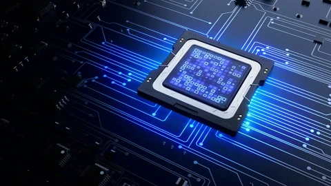 A chip on the surface of a printed circuit board with the effect of a computi Stock-Footage 228850087