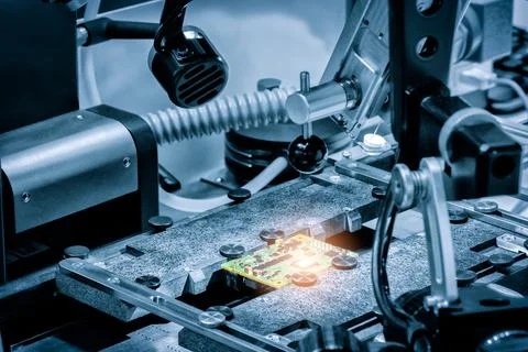 Chip testing equipment. Manufacturing of microchips. A close-up study of a te Foto stock