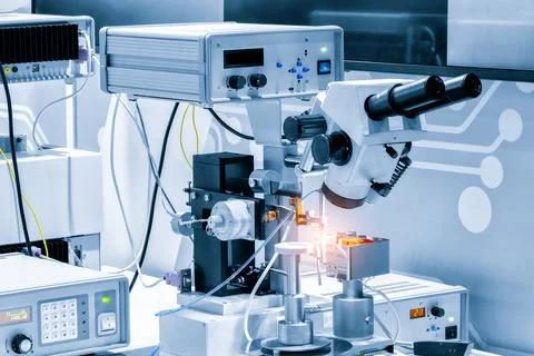 Chip testing equipment. Manufacturing of microchips. A close-up study of a te Stock Photos