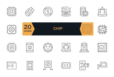 Chip Vector Icon Toolkit featuring 24 Display Perfect 64x64 Thin Line element Stock Illustration