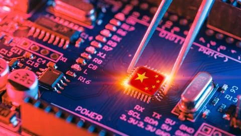 Chip war concept, China on Chip. CPU processor made in China. Chinese Micro.. Stock Photos