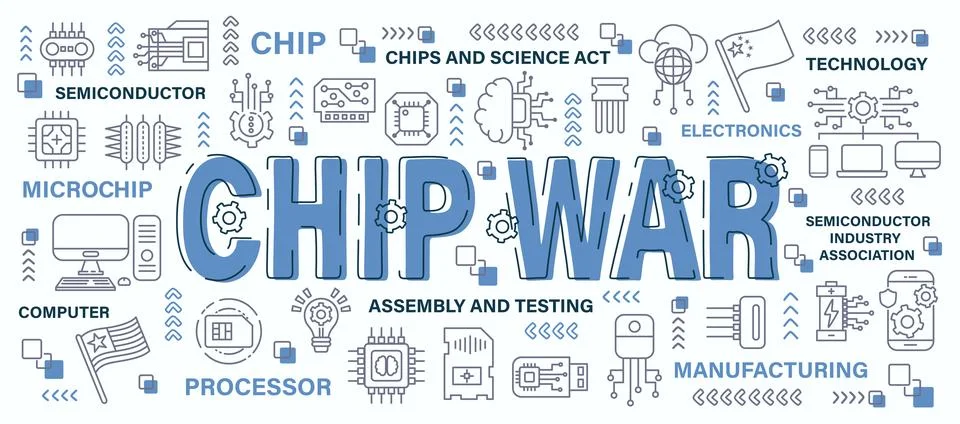 Chip war . Semiconductor concept . Word with line icon art banner style . E.. イラスト素材