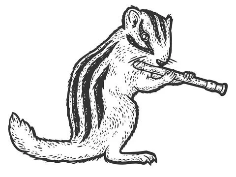 Chipmunk playing the flute. Sketch scratch board imitation. Black and white. Stock Illustration
